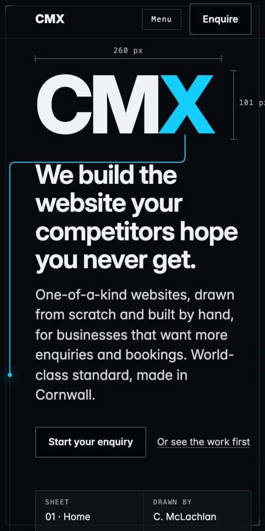 cmxwd.com version three: a dark drawing-sheet site with the CMX wordmark measured in dimension annotations.