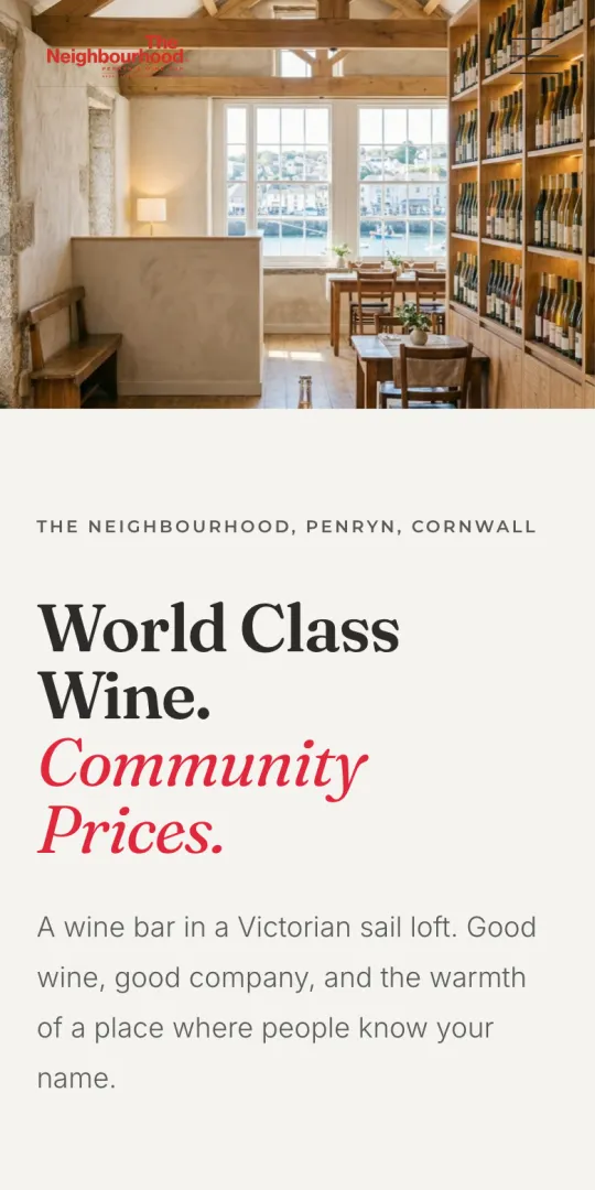 The Neighbourhood, Penryn: the live site, a wine bar with high-contrast serif titling over warm interior photography.